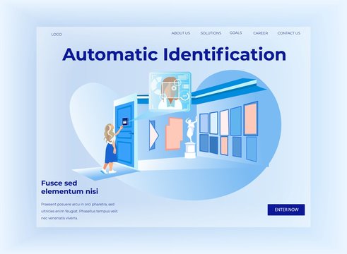 Automatiс Identification Horizontal Banner, Woman Stand at Door with Automatically Identifying Objects Device, Process of Identify and Collect Data, Smart Technology Cartoon Flat Vector Illustration