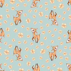 Printed roller blinds Little deer Watercolor cute nursery naive hand painted seamless pattern with deer forest woodland animal. Childish Handpainted print on mint background Watercolour Kids Art fabric wallpaper baby shower invit..