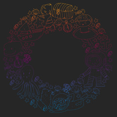 Diving pattern with children. Octopus, whale. Summer adventure with pirates and treasures. Swimming and underwater adventure.