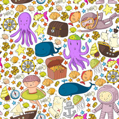 Fototapeta na wymiar Diving pattern with children. Octopus, whale. Summer adventure with pirates and treasures. Swimming and underwater adventure.