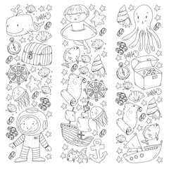 Diving pattern with children. Octopus, whale. Summer adventure with pirates and treasures. Swimming and underwater adventure.