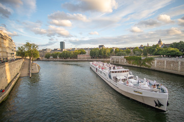 Obraz premium Large Boat driving on seine in the evening sun in paris