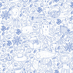 Diving pattern with children. Octopus, whale. Summer adventure with pirates and treasures. Swimming and underwater adventure.