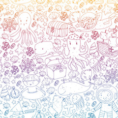 Diving pattern with children. Octopus, whale. Summer adventure with pirates and treasures. Swimming and underwater adventure.