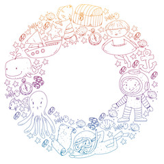 Diving pattern with children. Octopus, whale. Summer adventure with pirates and treasures. Swimming and underwater adventure.