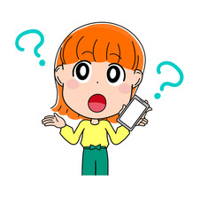 イラスト素材　かわいい　女性　疑問　表情　スマホ　