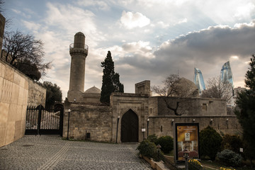 Empty street in old city of Baku, Azerbaijan. Old city Baku. Inner City buildings.