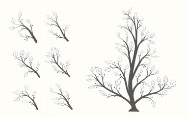 Tree with a set of isolated branches with leaves and berries in a gray tone in vintage style on a light background