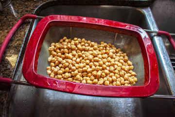 Cooked chickpeas in a drainer basket over a stainless steel sink - close-up and shallow focus