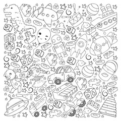 Vector pattern with toys for little children. Kindergarten kids playing with doll, dinosaur, submarine, airplane, car.