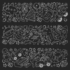 Vector pattern with toys for little children. Kindergarten kids playing with doll, dinosaur, submarine, airplane, car.