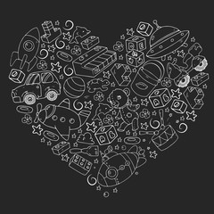 Vector pattern with toys for little children. Kindergarten kids playing with doll, dinosaur, submarine, airplane, car.