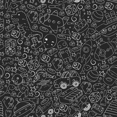 Vector pattern with toys for little children. Kindergarten kids playing with doll, dinosaur, submarine, airplane, car.