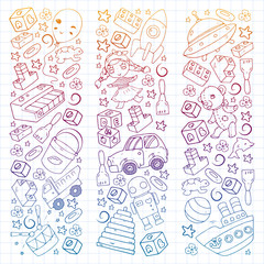 Vector pattern with toys for little children. Kindergarten kids playing with doll, dinosaur, submarine, airplane, car.