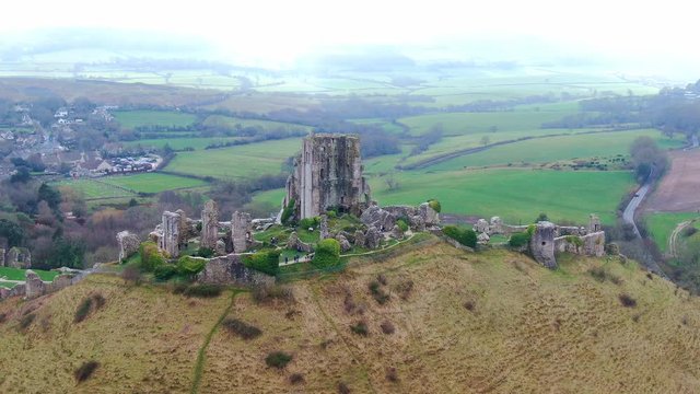 Flight around Corfe Castle in England - aerial view -aerial photography