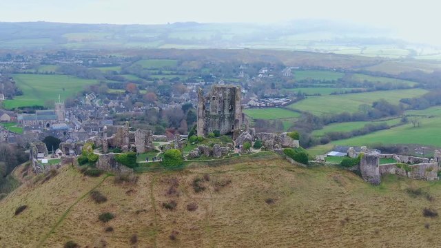 Corfe Castle in England - aerial view -aerial photography