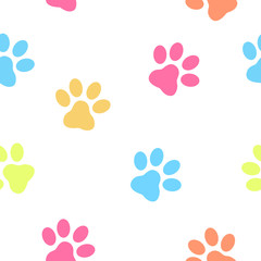 Materiał do szycia Colorful Paw print seamless pattern on white background.