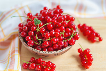 Fresh red currant berries in a bowl, concept of healthy eating vegan food. Close up, selective focus