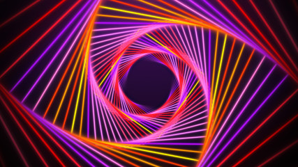 Purple Red And Yellow Abstract Infinite Geometric Tunnel Glowing Light Square Twisted Lines Pattern Background