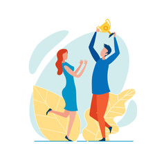 Office Worker, Dressed Casually, Holding Golden Champion Cup Aloft, Triumphing, Jumping Happy with Top Result, His Woman Colleague Celebrating Victory with Him, Cheering up and Congratulating