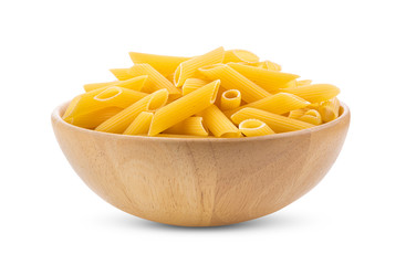 Pile of raw Macaroni (Gomiti Pasta) in wood bowl on white background