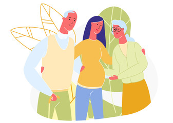 Pregnant Woman Hugs Elderly Parents. People Walk in the Park. Vector Illustration. Meeting with Parents. Communication with Relatives. Family Spend Time Together. Family Situation. Family Waiting Baby