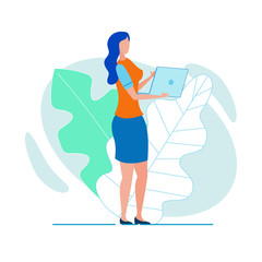 Woman Office Worker, Working with Laptop While Walking, Hurrying to Bring Her Job to an End, or Going to Colleague to Find Assistance With Her Project, Swap Ideas or Show Preliminary Result