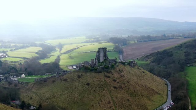 Corfe Castle in England - aerial view -aerial photography