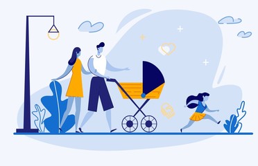 Young Couple with Children in Summer City Park. Woman in Dress and Man in Shorts and T-shirt Carry Stroller with Baby. Eldest Daughter Runs Ahead. Outdoor Evening Promenade Flat Illustration