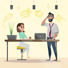 Woman and Man Designers in Office. Design Studio. Office Interior. Creative Designer. Creative Appearance. Vector Illustration. Design Project. Man Talking on Phone. Woman Sitting at Table