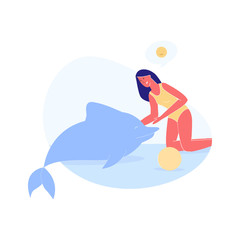 Young Woman Swim Caress Dolphin in Pool or Sea. Leisure, Rehabilitation, Communication with Animals. Comfortable Rest and Effective Treatment, Dolphin Therapy Process. Cartoon Flat Vector Illustration