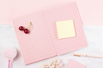 flat lay stationery on work desk in pink pastel background