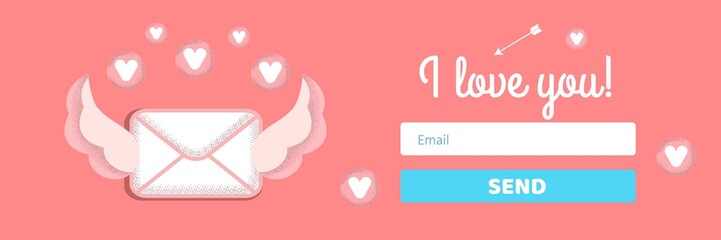 Romantic Header Banner Page with Inbox Love Letter. Flat Cartoon Declaration of Love. Subscription Field and Send Button. Vector Mailing Illustration for Valentines Day, Wedding, Anniversary, Birthday