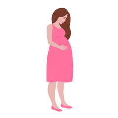 Simple cute colorful vector illustration of pregnant women in pink dress.  