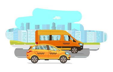 Naklejka premium Taxi Vehicles Flat Vector Cartoon Illustration. Two Cars Riding on Road Isolated Design Element. Automobile Rental, Taxi Cars. Transport Booking Concept Idea. City traffic. Delivery, Shipment