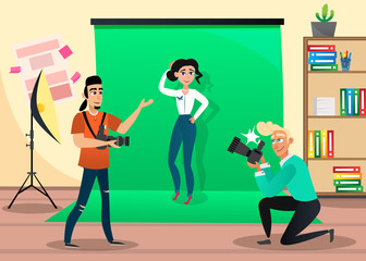 Two Creative Photographer in Photo Studio. Working with Woman Model. Design Studio. Creative Designer and Photographer. Creative Appearance. Vector Illustration. Design Project Teamwork. Flash Shot.