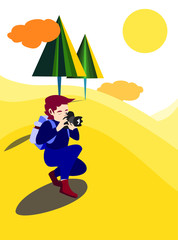 Nature photographer with red hair and backpack, takes photographs in a hillside  park with his camera.  Flat cartoon male character Illustration. Artistic Vector drawing with colorful background.