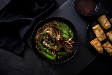 Udon Noodle Bowl with Slow-Cooked Ribs and Peas