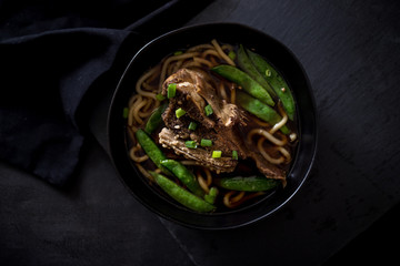 Udon Noodle Bowl with Slow-Cooked Ribs and Peas