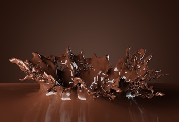 Hot chocolate or cocoa drink splash over brown background
