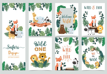 Collection of safari background set with giraffe,zebra,fox,lion.Editable vector illustration for birthday invitation,postcard and sticker.Wording include wild and free © piixypeach