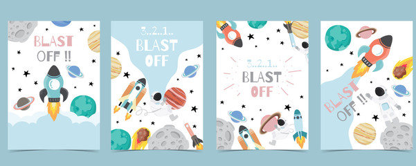 Collection of space background set with astronaut, planet, moon, star,rocket.Editable vector illustration for website, invitation,postcard and sticker.Include wording blast off