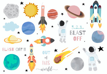 Cartoon object space collection with planet,astronaut,moon,sun.Vector illustration for icon,logo,sticker,printable,postcard and invitation © piixypeach