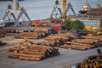 Working field on harbor with cranes and heavy goods to be handled transferred to new destination,...