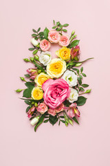 March 8th concept. Number 8 creative layout made of colorful rose flowers on pink background. Greeting Card Women's Day on March 8th