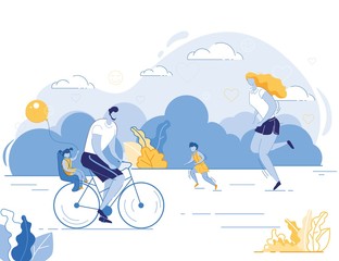 Parents and Children Riding Bike and Jogging on Summer Time Nature Background. Sport, Healthy Lifestyle, Outdoors Bicycle Track Walking, Summertime Holidays Relax. Cartoon Flat Vector Illustration