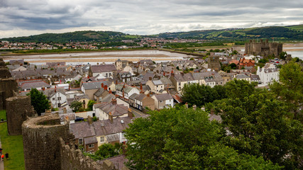 Obraz premium Aerial view of Conwy rooftops and River Conwy
