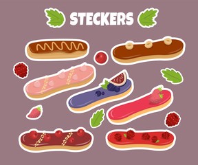 Flat Sweet Eclairs Cartoon Isolated Stickers Set. Brewing Cake Collection with Chocolate, Fruit Glaze and Custard Cream. Berries and Mint Leaves. Bakery Shop, Pastry Labels. Vector Illustration
