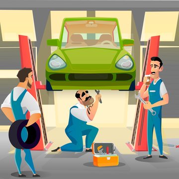 Cartoon Repairmen Team and Lifted Car in Garage. Senior Main Technical Specialist with Wrench Kneeling under Automobile. Coworkers Holding Tire and Drinking Coffee Stand near. Vector Illustration