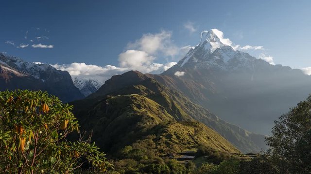 Time lapse of Machapuchare peak or Fish tail peak, the most famous peak in Pokhara view from Mardi Himal trek, Annapurna mountain sub range of Himalaya mountain in Nepal